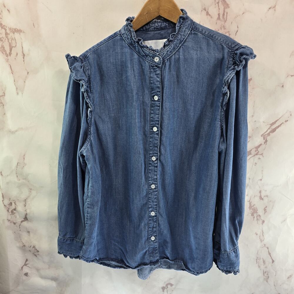Lola River Shirt Womens Large Chambray Jean Tencel Long Sleeve Button Ruffle